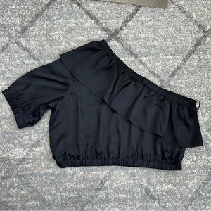 Express women one shoulder ruffle satin cropped top XL black pirate renaissance